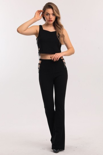 Yanları Pencereli Zincirli Detaylı Scuba Krep Pantolon | Pnt33875