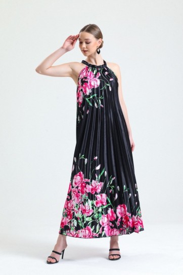 Boyundan Bağlamali Piliseli Dijital Baskili Kolsuz Saten Elbise | Elb34513