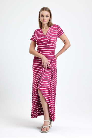 Kısa Kol Önü Bağlamalı Eteği Eteği Geniş Uzun Elbise | Elb32853