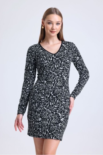 Uzun Kol Jakarlı Mini Elibise | Elb35094