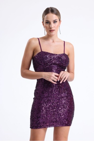 Arkası Fermuarli Askılı  Gloplu  Payet Elbise | Elb35062