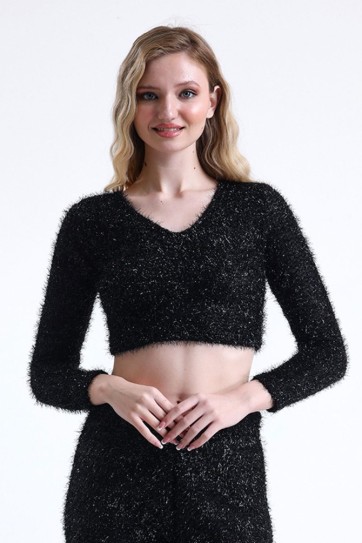 Simli Sakallı Abiye Crop Bluz | Blz35283