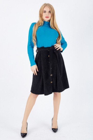 Önü Düğmeli Kuşaklı Fitilli Kadife Etek | Etk32553