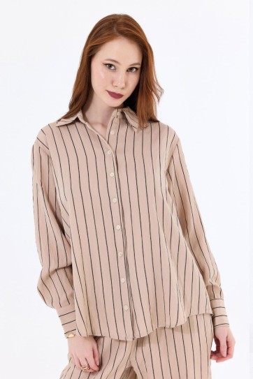 Uzun Kol İnce Çizgili Viskon Gömlek | Gml35466