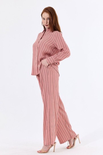 İnce Çizgili Viskon Pantolon Gömlek Kadın Takım  | Tkm35466