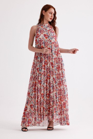 Astarlı Piliseli Uzun Abiye Desenli  Şifon Elbise | ELB35127SF