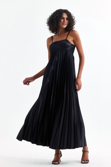 Kaplı Ayarlanabilir Askılı Piliseli Abiye Uzun Saten Elbise | Elb35410