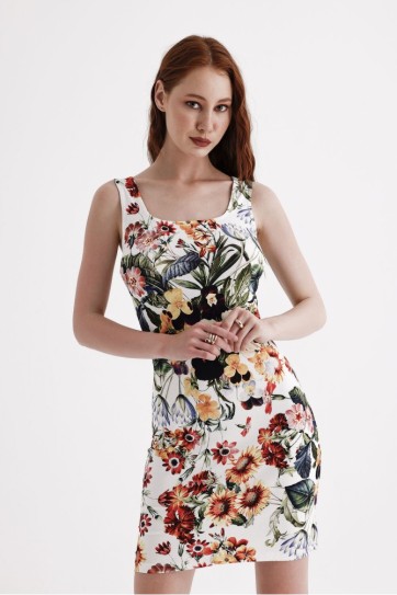 Kolsuz Likralı Baskılı Mini Viskon Elbise | ELB35735